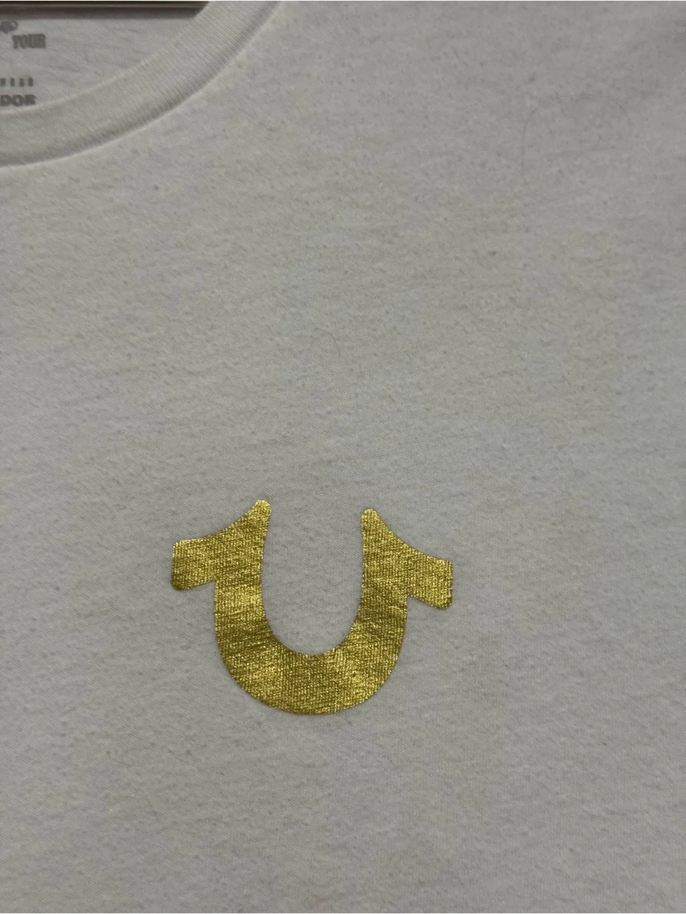 True Religion White Tee with Gold Foil Buddha & Guitar Graphic size M unisex